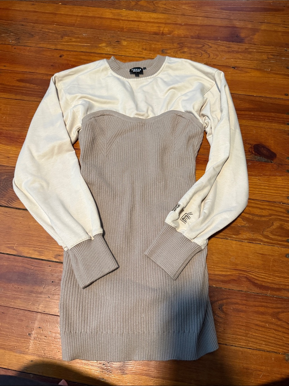 Two-Tone Cream and Tan Long Sleeve Knit Dress